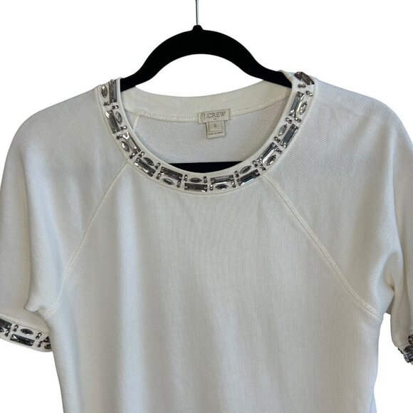 J. Crew White Knit Beaded Jeweled Neckline Short Sleeve Sweater Size Small - Picture 2 of 8